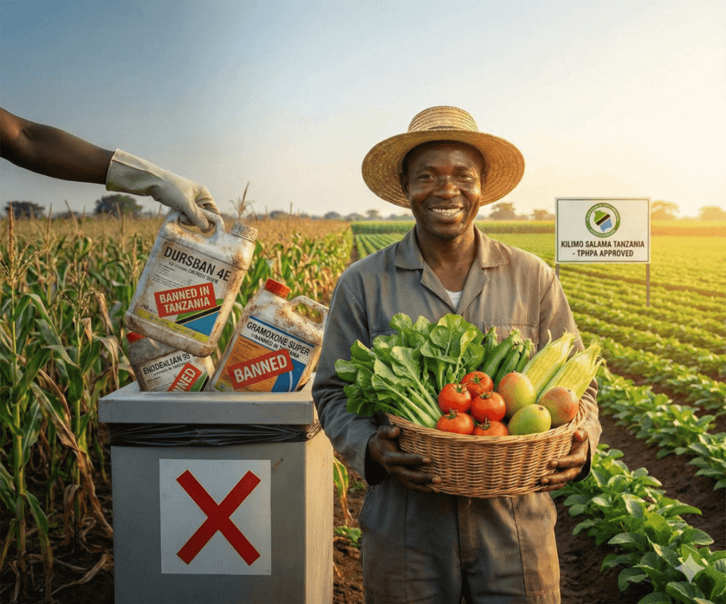 Mkulima mwenye furaha baada ya kuvuna mazao yake bila ya kutumia viuatilifu hatarishi vilivyopigwa marufuku